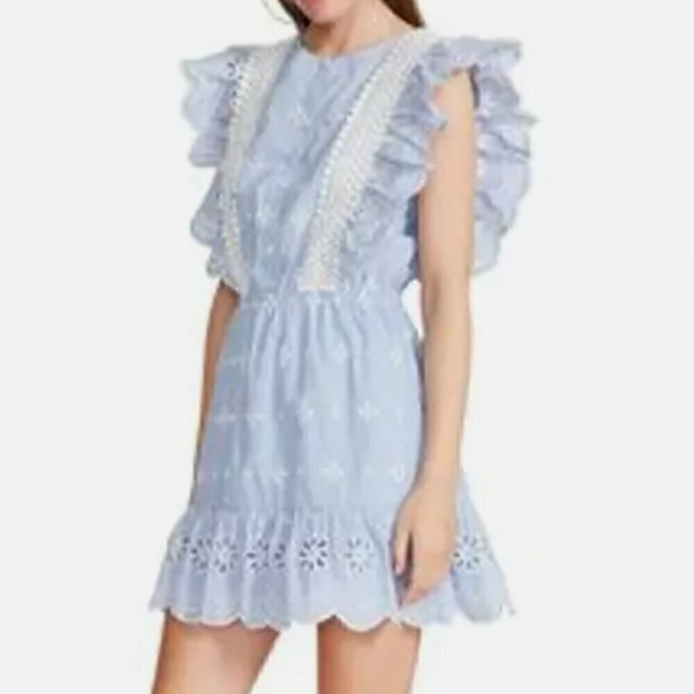 BB Dakota NWT Ruffled Embroidered Eyelet Blue & White Dress Medium - Picture 11 of 11